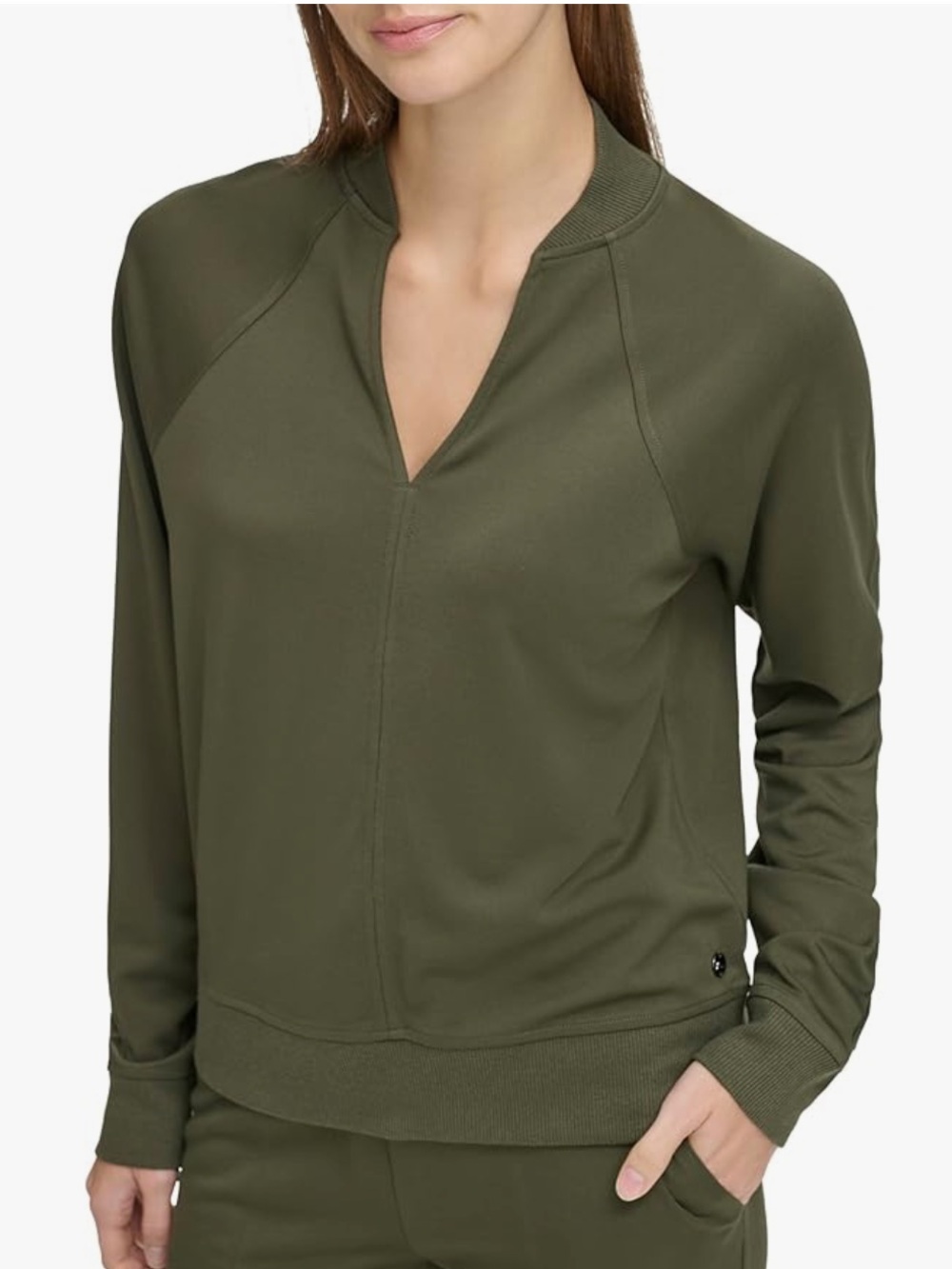 Andrew Marc Olive Green V-Neck Sporty Jersey Pullover